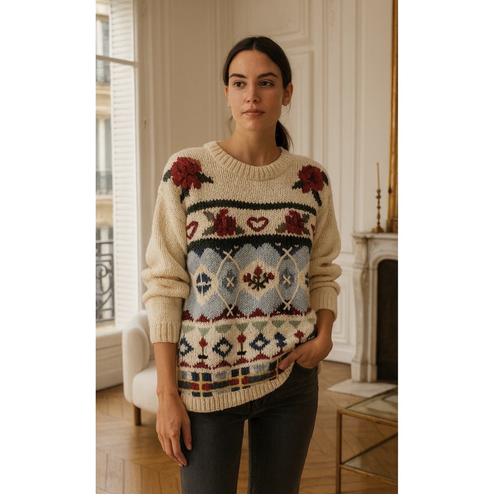 Women's Huntington Ridge Sz Large Hand Knit Sweater Ivory Chunky Grandma‎ Cozy